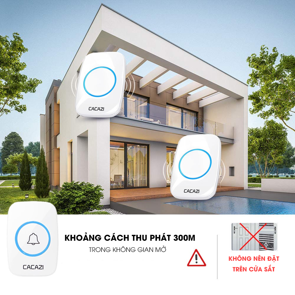 Chuông cửa không dây CACAZI khoảng cách sử dụng trong 300M, 3 mức âm lượng, 58 nhạc chuông, đèn flash Led - CA02