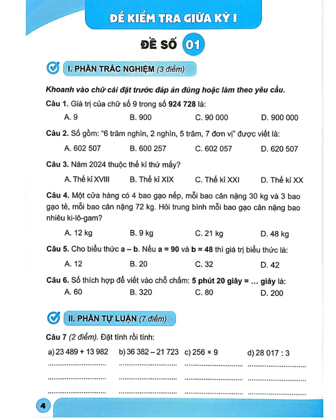 Sách - Combo Bộ Đề Kiểm Tra Toán Lớp 4 - Tập 1 + 2