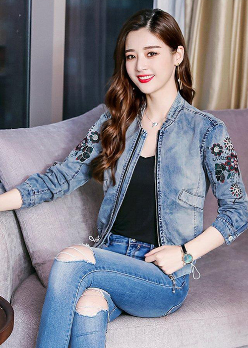 Áo Khoác Jean Nữ Thêu Hoa Dài Tay Thời Trang
