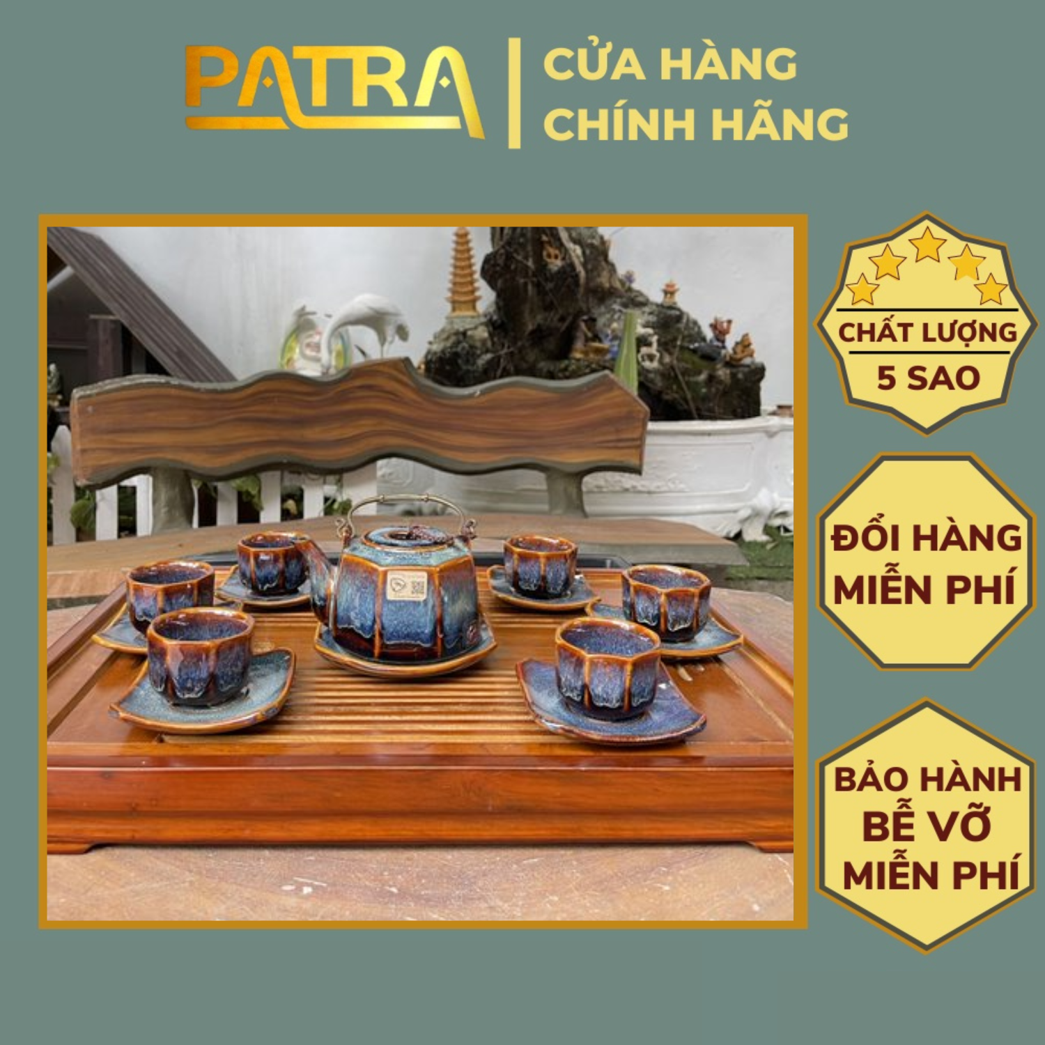 Bộ ấm chén uống trà cao cấp , bộ ấm trà Bát Tràng - hỏa biến bát giác tím