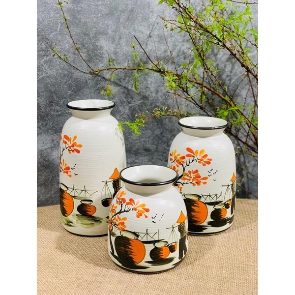 Set 3 lọ decor- cắm hoa, hoạ tiết vẽ thủ công. Gốm sứ Bát Tràng.