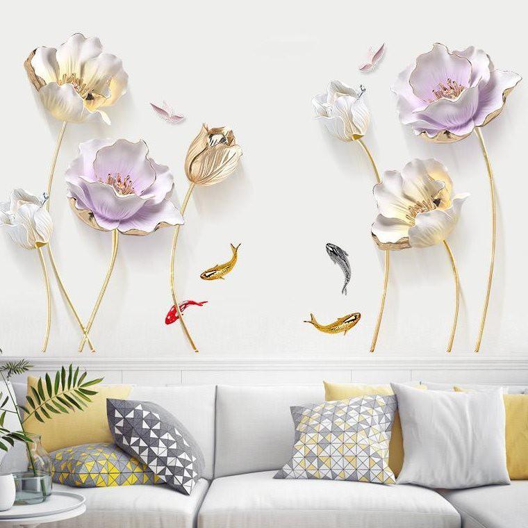 Decal dán tường HOA TÍM CÁNH MỎNG 3D SIÊU HOT