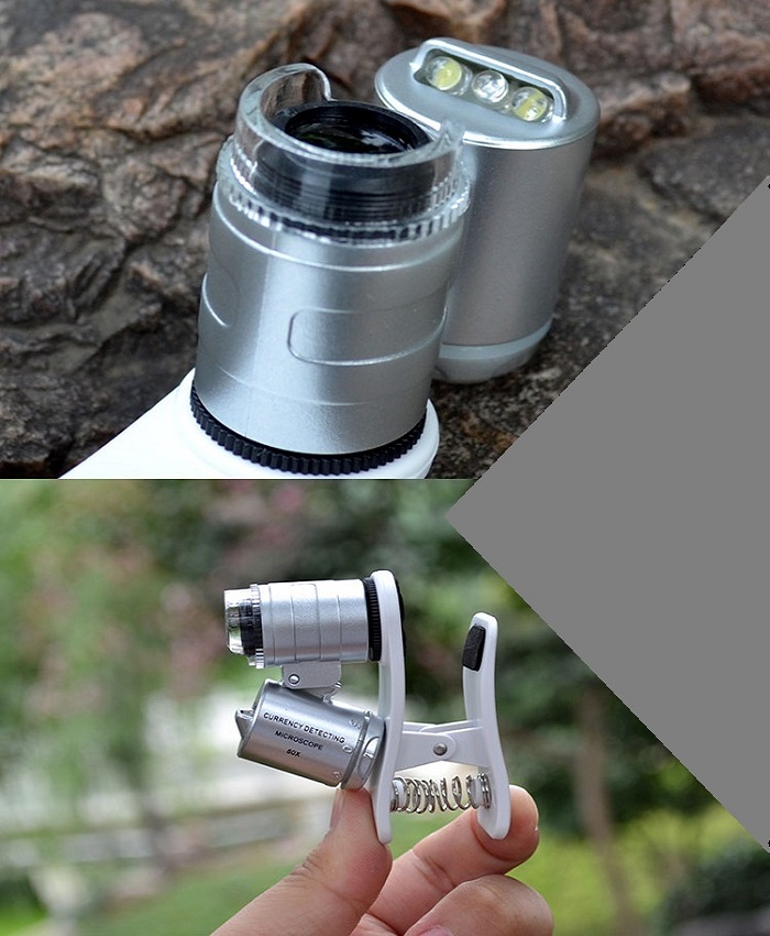 Kính lúp mini 60X có đèn led tím soi tiền giả tích hợp kẹp điện thoại
