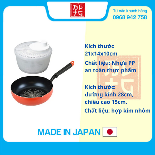 Combo Rổ quay rau Rotary + Chảo chống dính mặt đá kim cương Pearl - Nội địa Nhật Bản