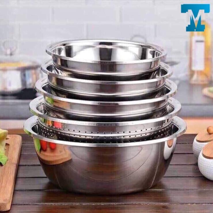 Bộ Thau Rổ Inox 5 Món, dụng cụ nhà bếp, thau rửa rau, thịt, v.v