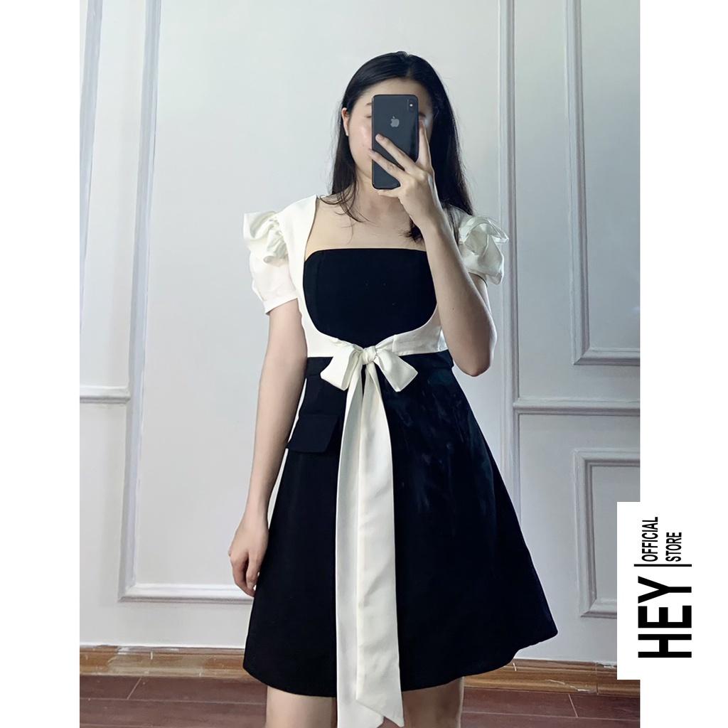Đầm đen trắng thắt nơ dáng chữ A cá tính đủ size từ S đến XL - V91 - HEY OFFICAL