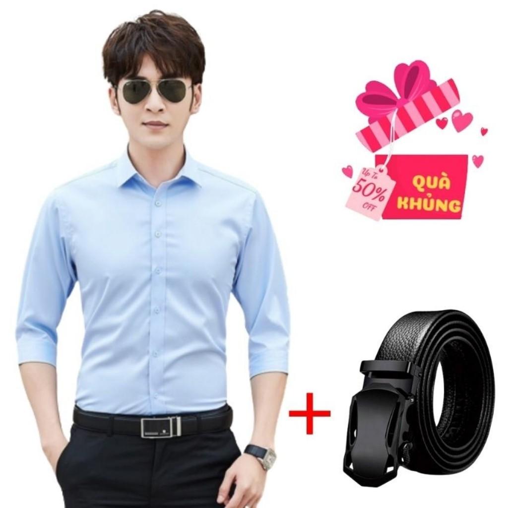 Combo Áo Sơ Mi Trơn Tặng Thắt Lưng Đen Cao Cấp Mẫu RF01 Chất Kate Mềm Mịn, Thoáng Mát