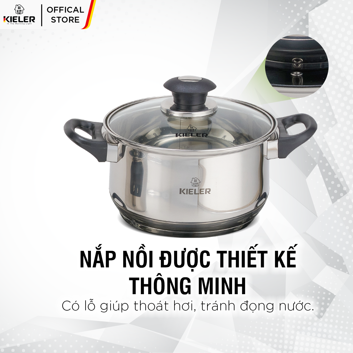 Nồi Inox 5 đáy KIELER đáy từ 20cm nấu nhanh, tiết kiệm điện, có 2 lớp chống dính Whitford ít bám dầu mỡ RW1222-20