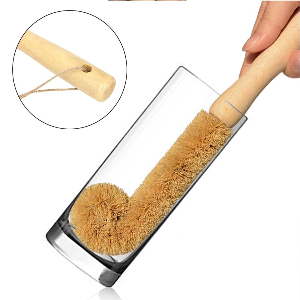 Bàn chải cán dài làm sạch ly cốc bằng gỗ