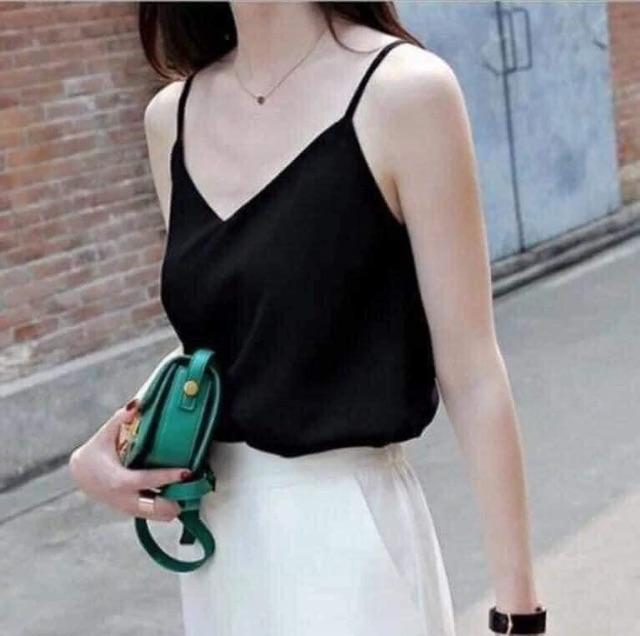 Áo 2 dây chất lụa satin mát lạnh siêu nhẹ 5 màu đen trắng xanh be ghi thời trang Banamo Fashion áo 2 dây lụa cổ tim 371