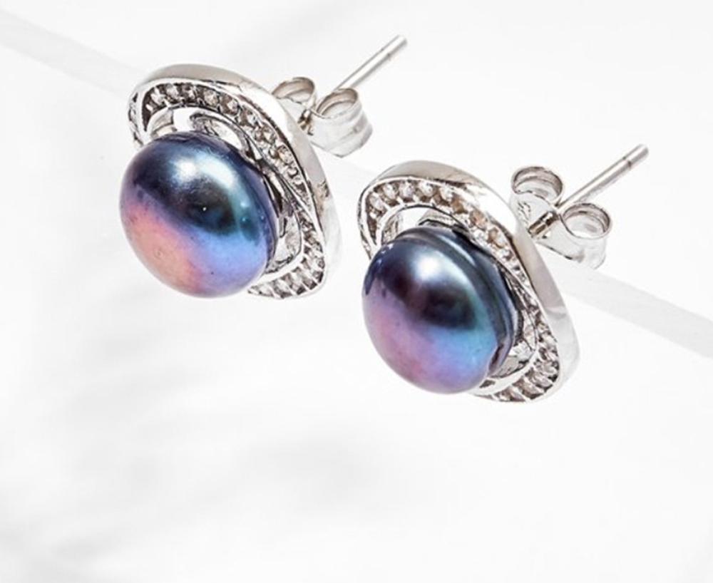 Bông Tai Halo Ngọc Trai Đen 8MM Bạc Italy