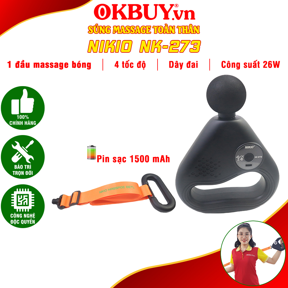 Súng (Máy) Massage Cầm Tay Nikio NK-273 - Hỗ Trợ Mát Xa Giãn Cơ Chuyên Sâu, Thư Giãn, Giảm Đau, Giảm Căng Cứng Cơ Bắp - Đầu Massage Tròn + Dây Đai Matxa