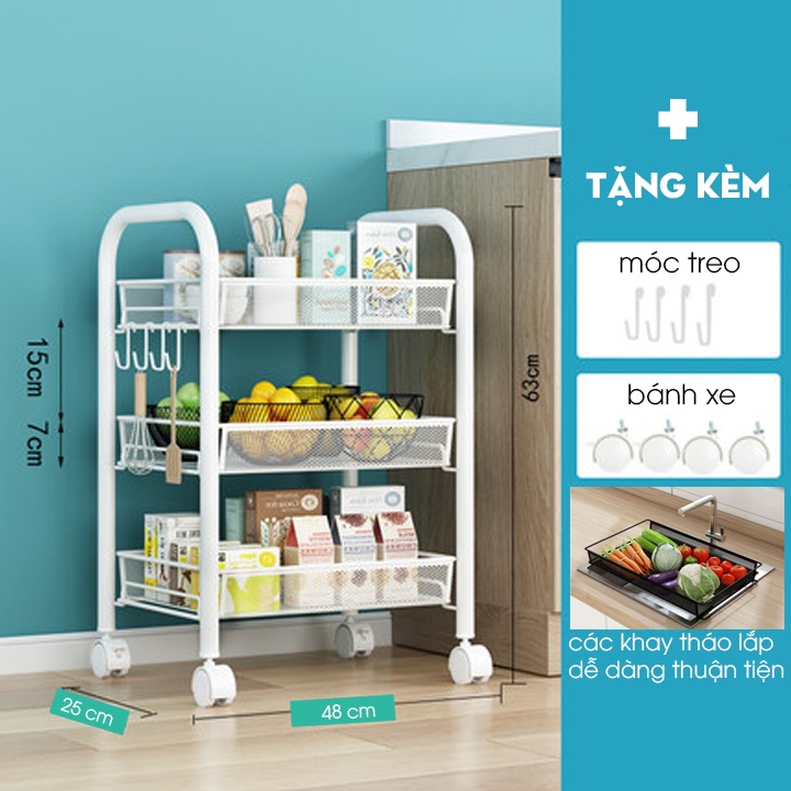 Kệ đựng để đồ đa năng có bánh xe 3 tầng (giao màu ngẫu nhiên)