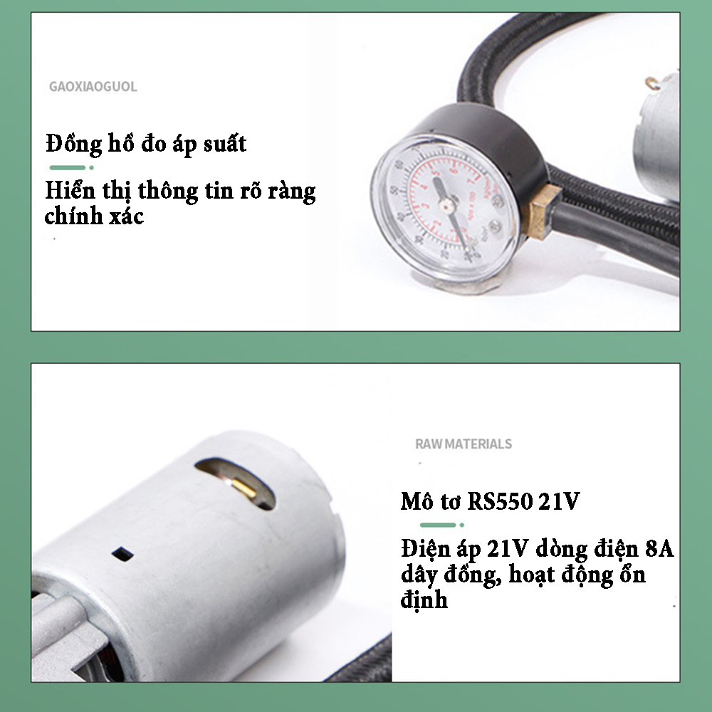 Mô tơ máy bơm hơi nén khí điện áp 21V sử dụng động cơ RS550 xi lanh 22mm công suất 120W lưu lượng khí 25 lít có đồng hồ áp suất