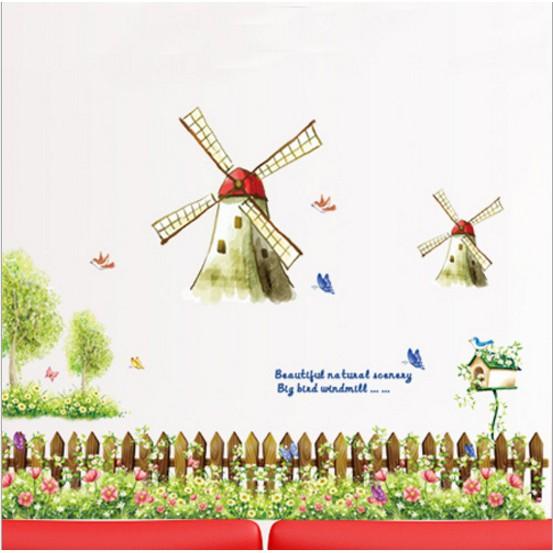 Decal trang trí hàng rào hoa và cối xay gió