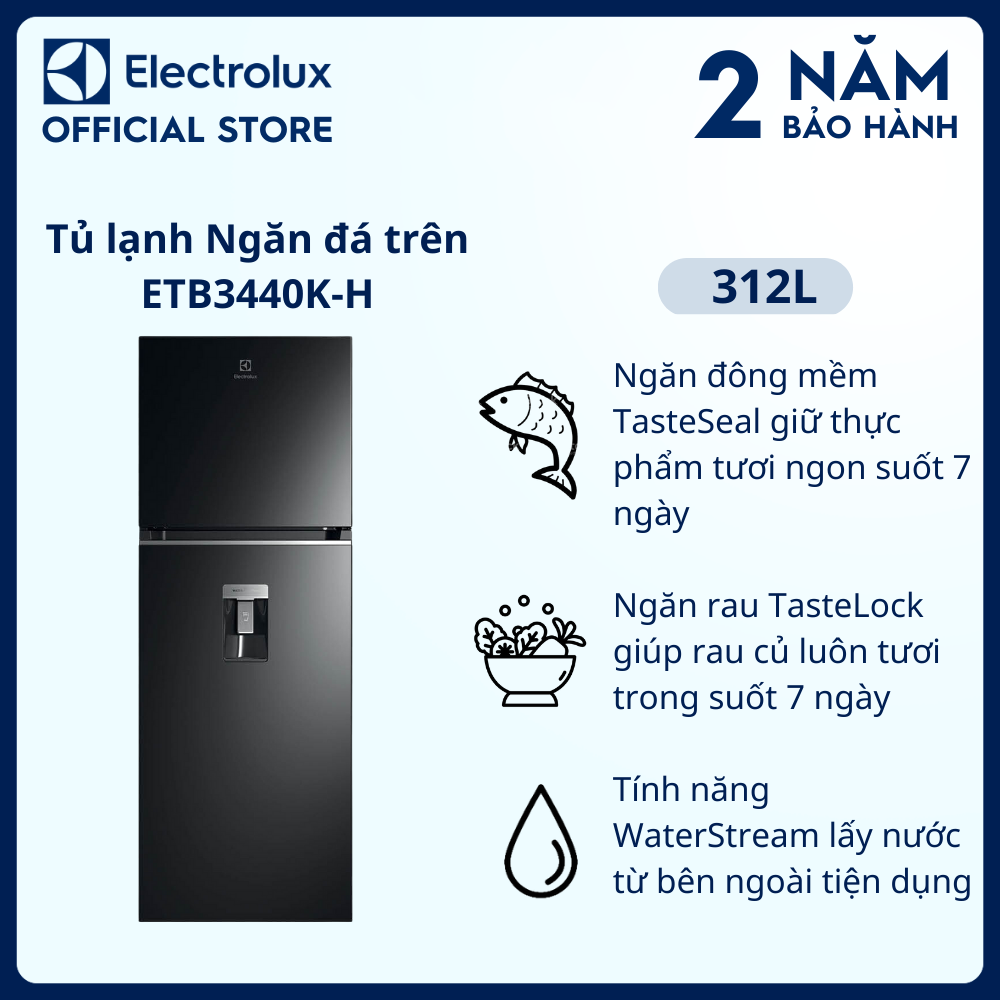 [Miễn phí giao hàng toàn quốc] Tủ lạnh Electrolux Inverter UltimateTaste 300 ngăn đá trên có ngăn đông mềm 312 lít - ETB3440K-H - Lấy nước từ bên ngoài, khử mùi diệt khuẩn, khay kim loại cao cấp [Hàng chính hãng]