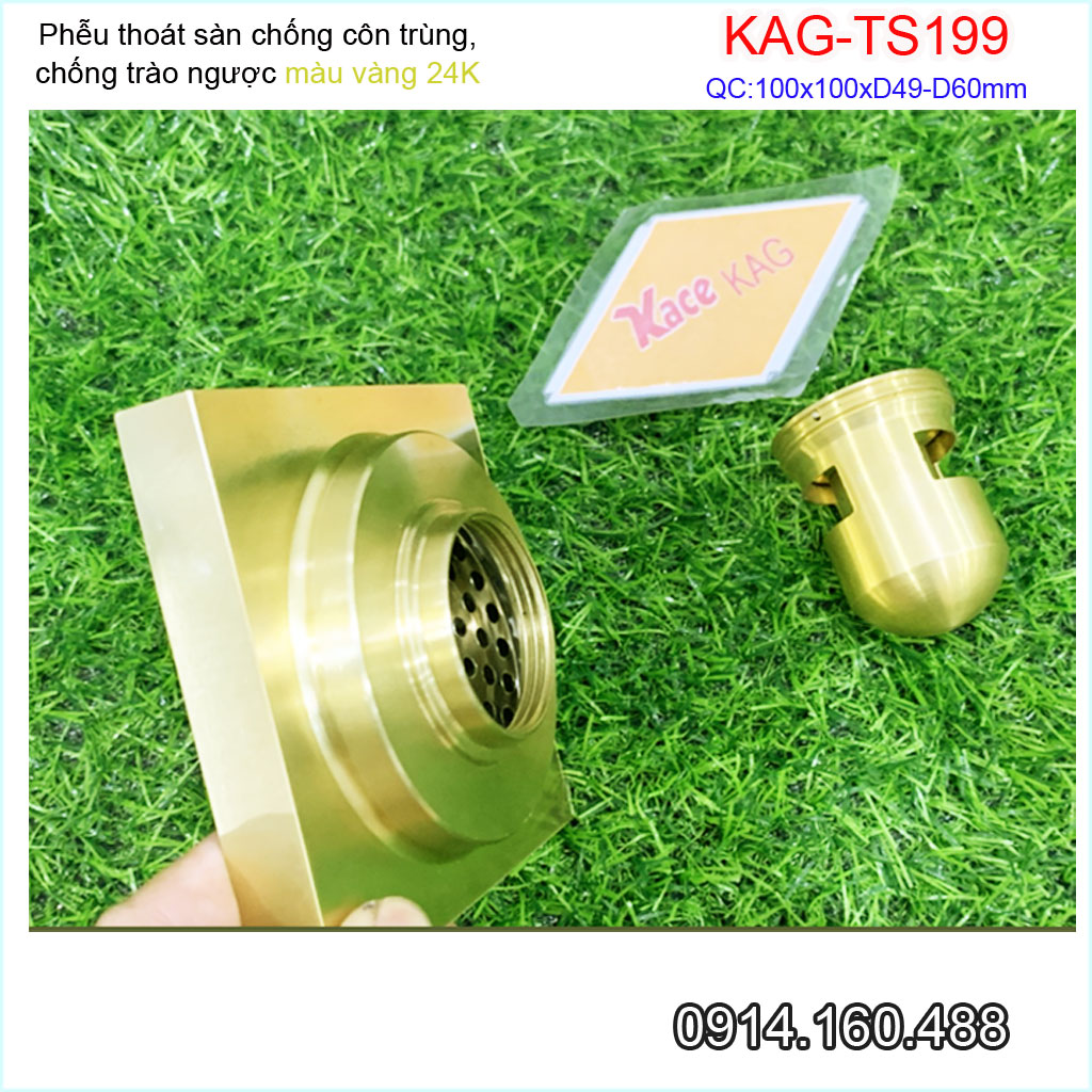 Thoát sàn vàng 24K KAG-TS199 vuông 10x10cm ống D49-60-90, thoát sàn chống hôi phễu thu nước mặt vàng óng ánh thiết kế sang trọng sử dụng tốt