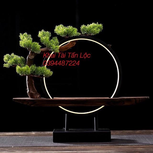Tượng Quan Âm Tự Tại và kệ gỗ đèn Led thác khói 7 món