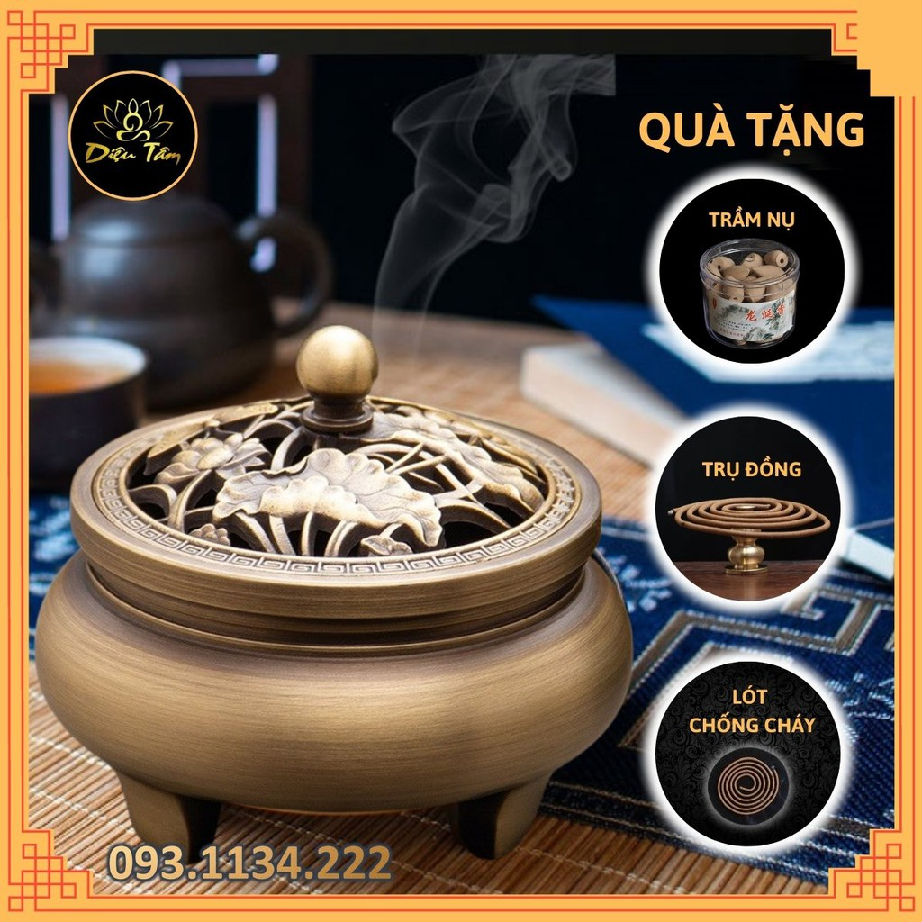 Lư đồng xông trầm đốt trầm thay cho lư điện - lư đốt trầm hương đồng nguyên khối tặng hồ lô đồng và lót chống cháy