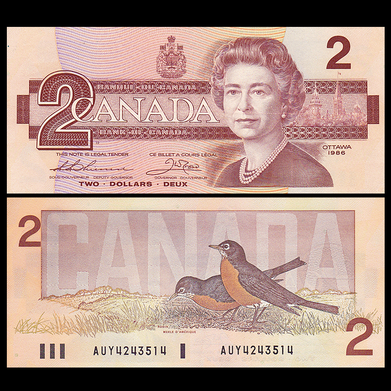 Tờ tiền giấy Canada 2 Dollar năm 1986 hình ảnh nữ hoàng Anh còn trẻ , mới 100% UNC