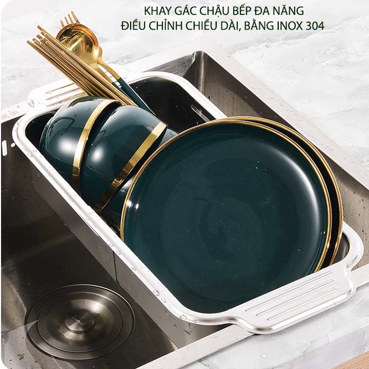 Khay rổ inox 304 gác chậu bếp thông minh xếp gọn, để đồ đa năng