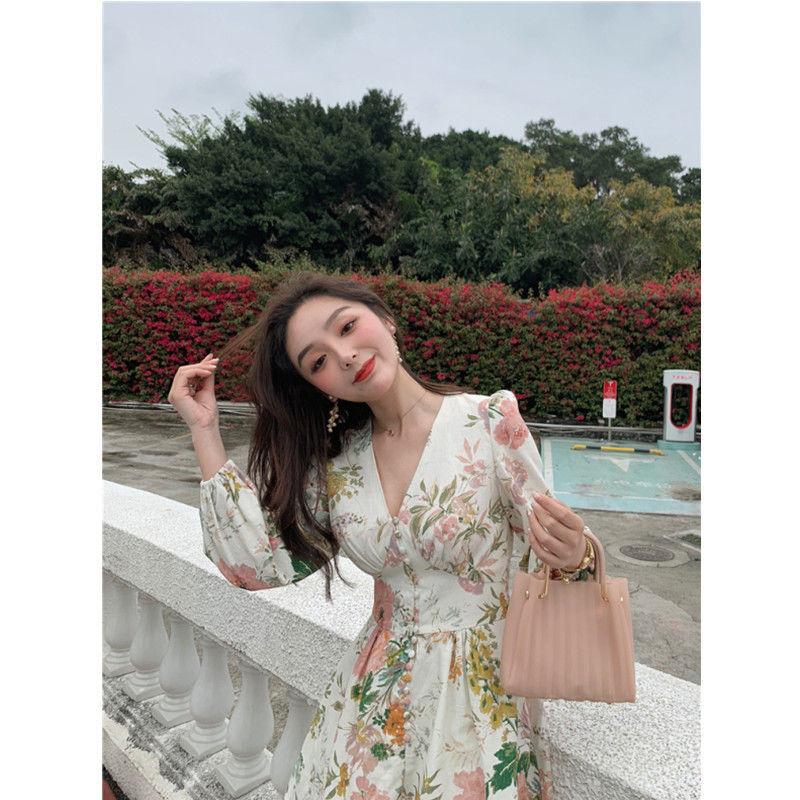 TOBE1SHOP 2023 Xuân/Hè Jumpsuit Nữ dài tay áo Hàn Quốc V cổ đèn lồng tay áo đầm in váy cao eo rộng chân quần