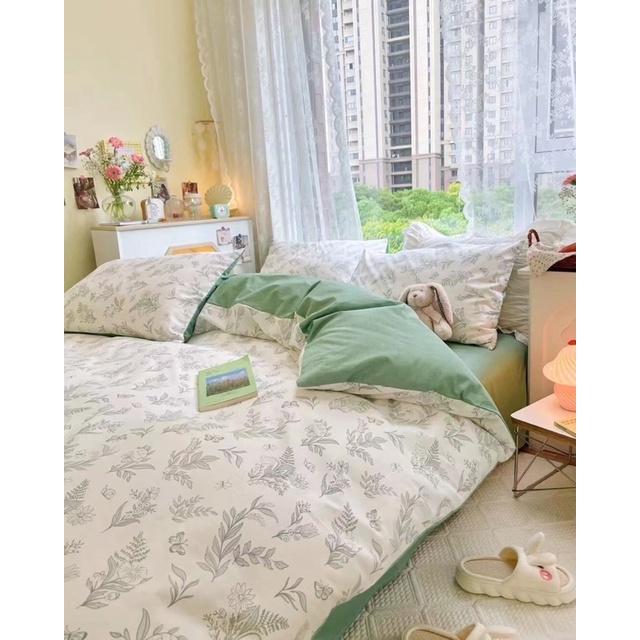 Bộ Chăn Ga Gối Cotton Living 100% Cotton Hàng Nhập Khẩu Cao Cấp 4 Món Hoa Trắng Vintage