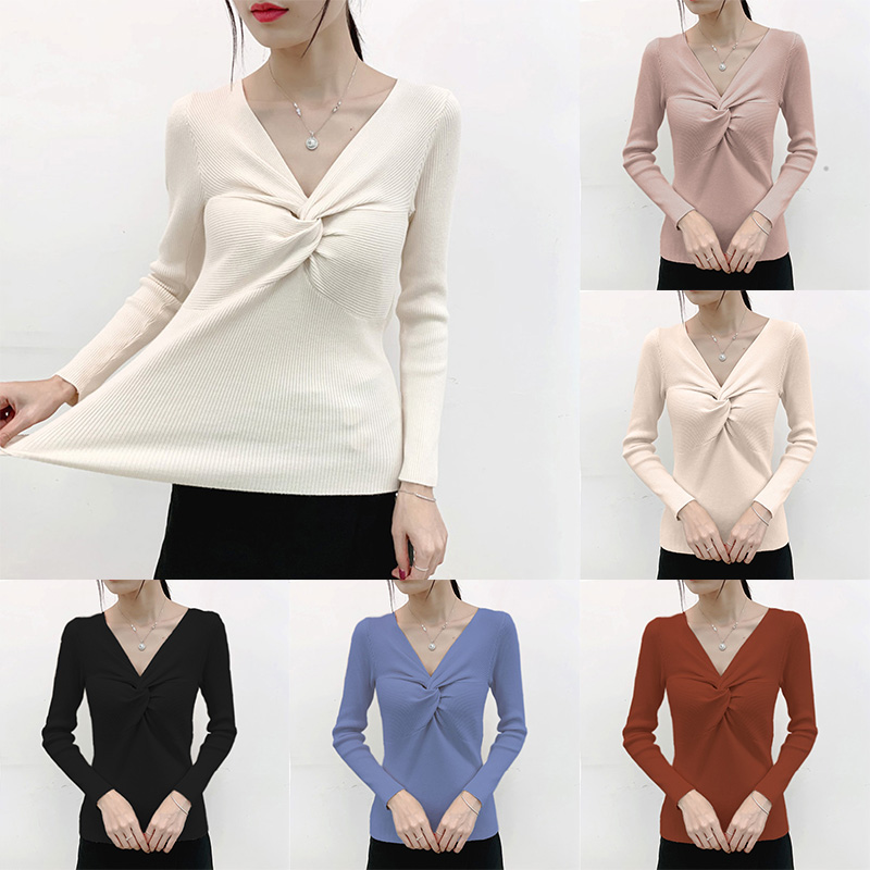Fashion Women Winter Knit Bottoming Sweater Front Twisting Knot V Neck Long Sleeve Solid Color Slim Knitwear Pullover