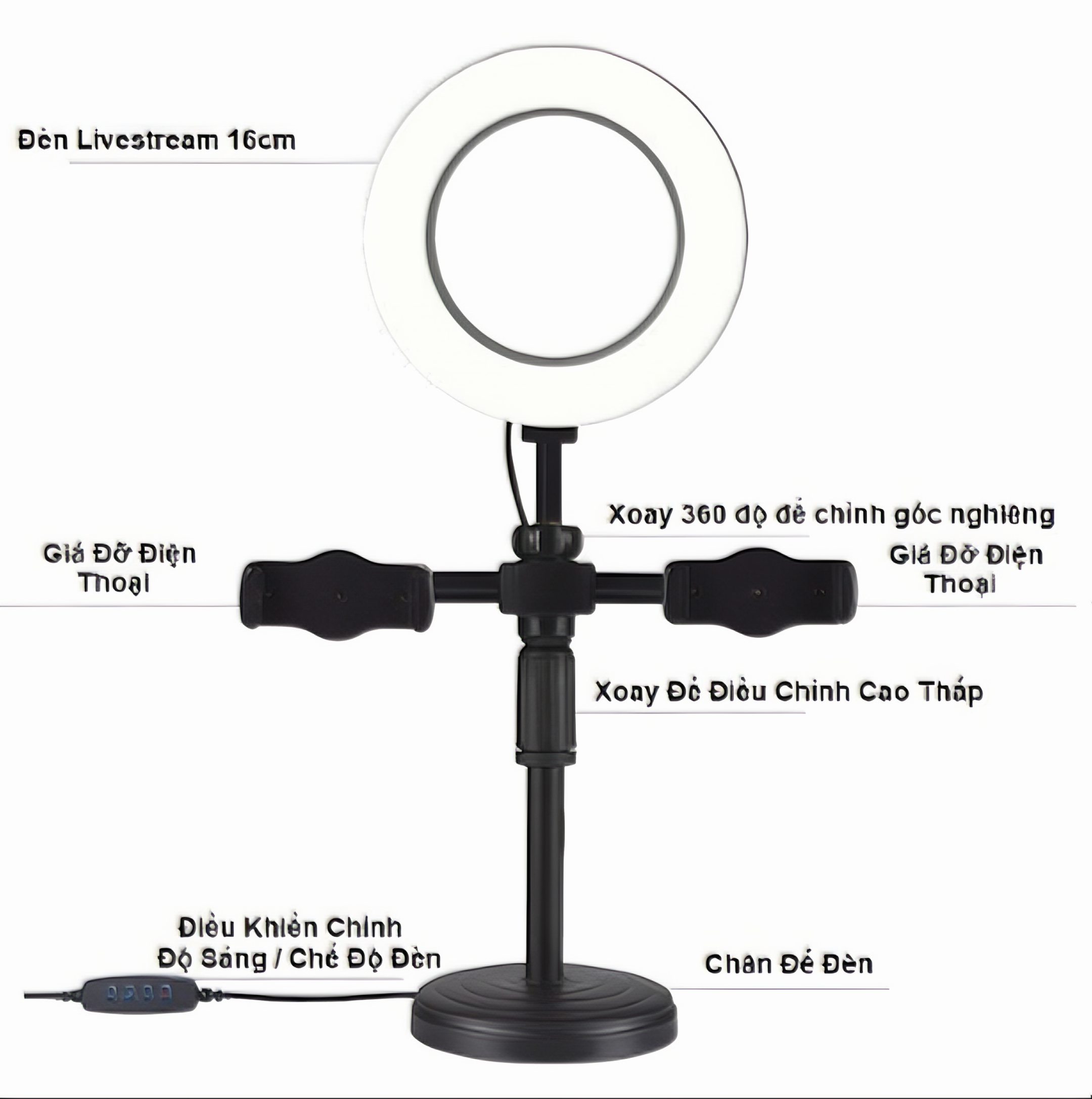 Giá đở đèn livestream, đèn tiktok KG96, đèn led trợ sáng để bàn 2 kẹp điện thoại 16cm - Hàng chính hãng