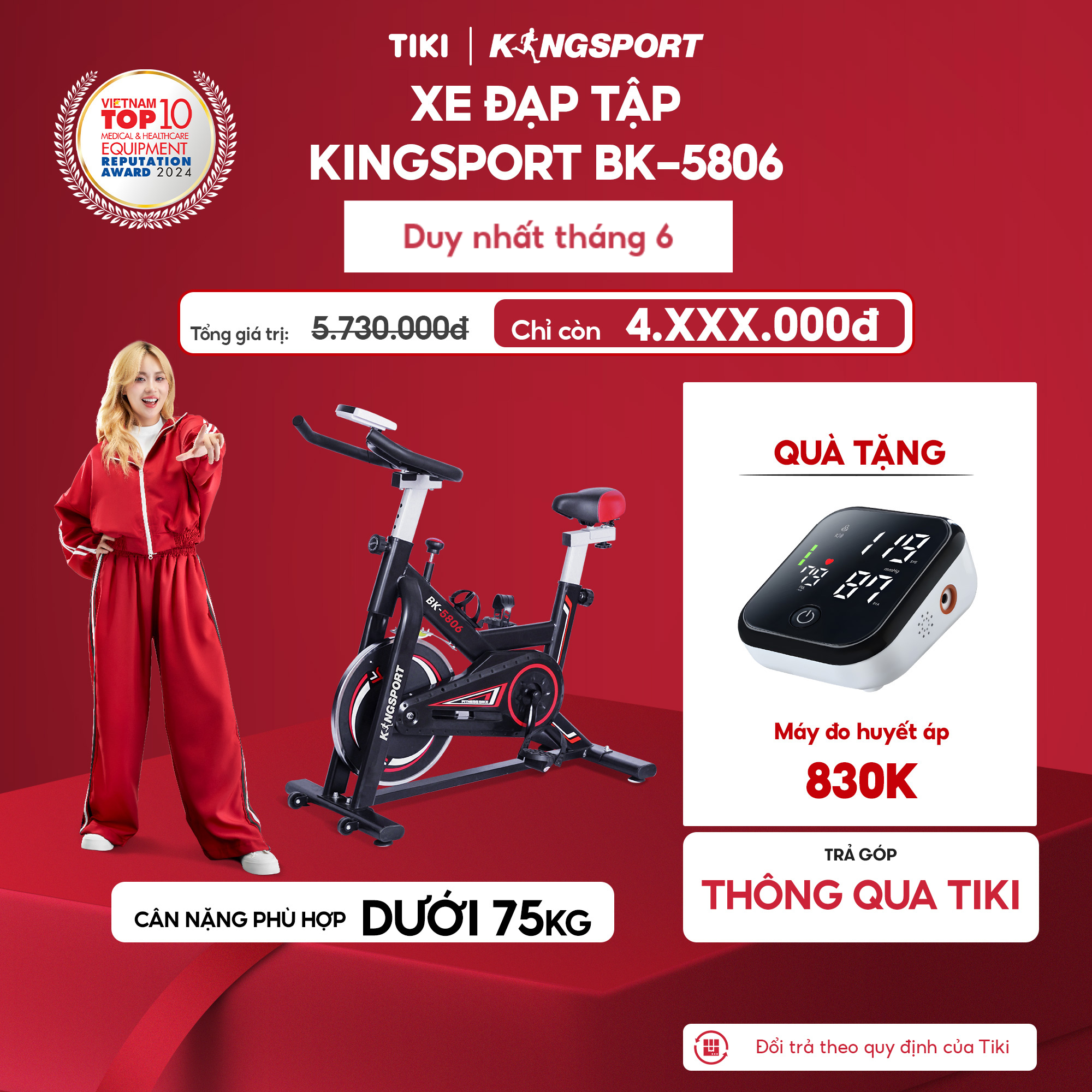 Xe đạp tập thể dục tại nhà Kingsport BK-5806, tích hợp đồng hồ thông minh đo nhịp tim và các thông số khi tập luyện, cân nặng phù hợp từ dưới 70-75kg
