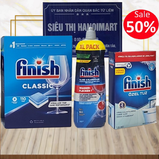 Combo Viên rửa bát Finish classic 110 viên + Muối Finish 1.2kg + Nước làm bóng finish 1150ml