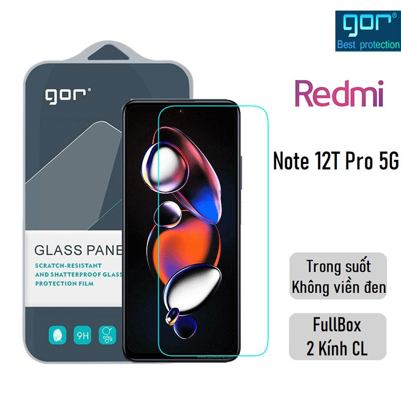 Bộ 2 Kính Cường Lực Gor cho Xiaomi Redmi Note 12T Pro 5G Trong Suốt, Không Viền Đen 9H/ Vát 2.5D  - Fullbox.