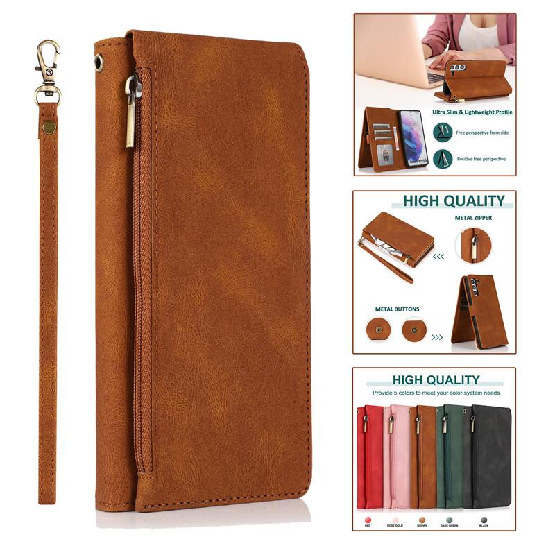 Bao da điện thoại kiểu ví gập nam châm có dây khóa kéo cho Samsung A11 A21S A31 A51 A71 A81 A91 Note10 S10 Lite