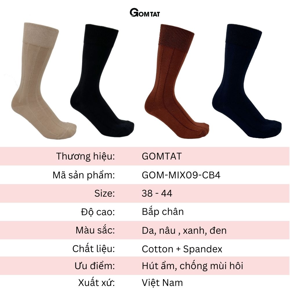 Tất vớ nam cổ cao 25cm GOMTAT mẫu gân chìm, chất liệu 90% cotton cao cấp thoáng mát êm chân - GOM-MIX09-1DOI