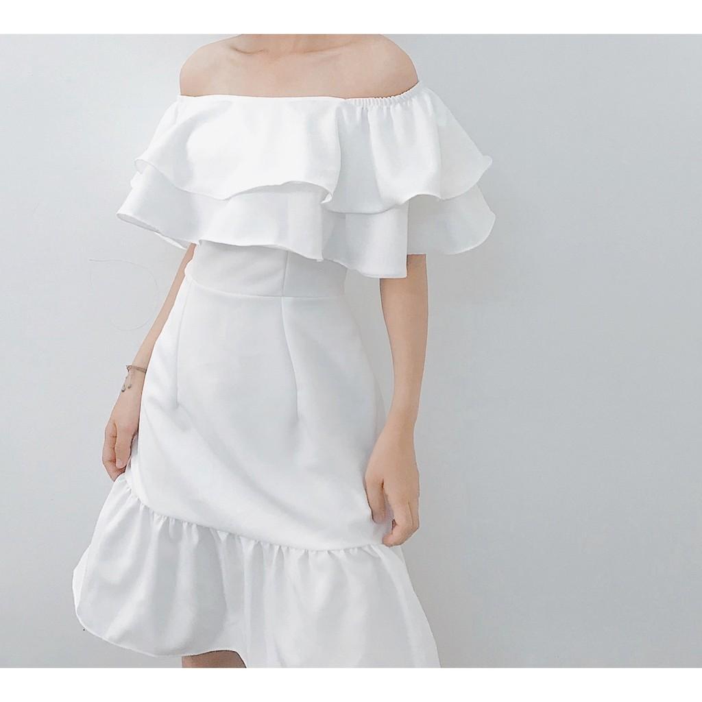 Váy trắng trễ vai tầng bèo ngực full lót - V010