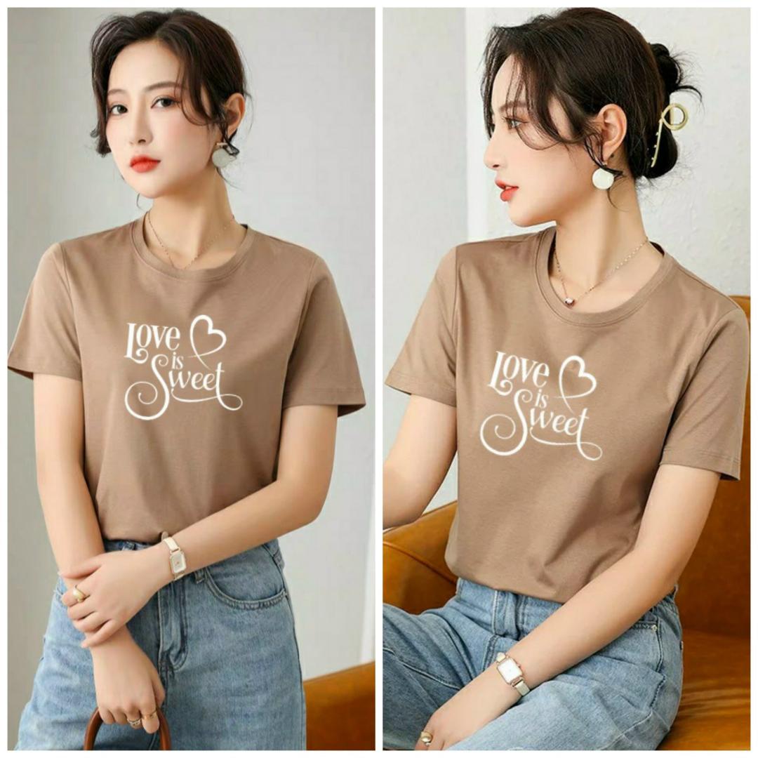 Áo thun nữ cổ tròn form suông vừa in chữ Love is Sweet thun cotton 4 chiều từ 40-55kg