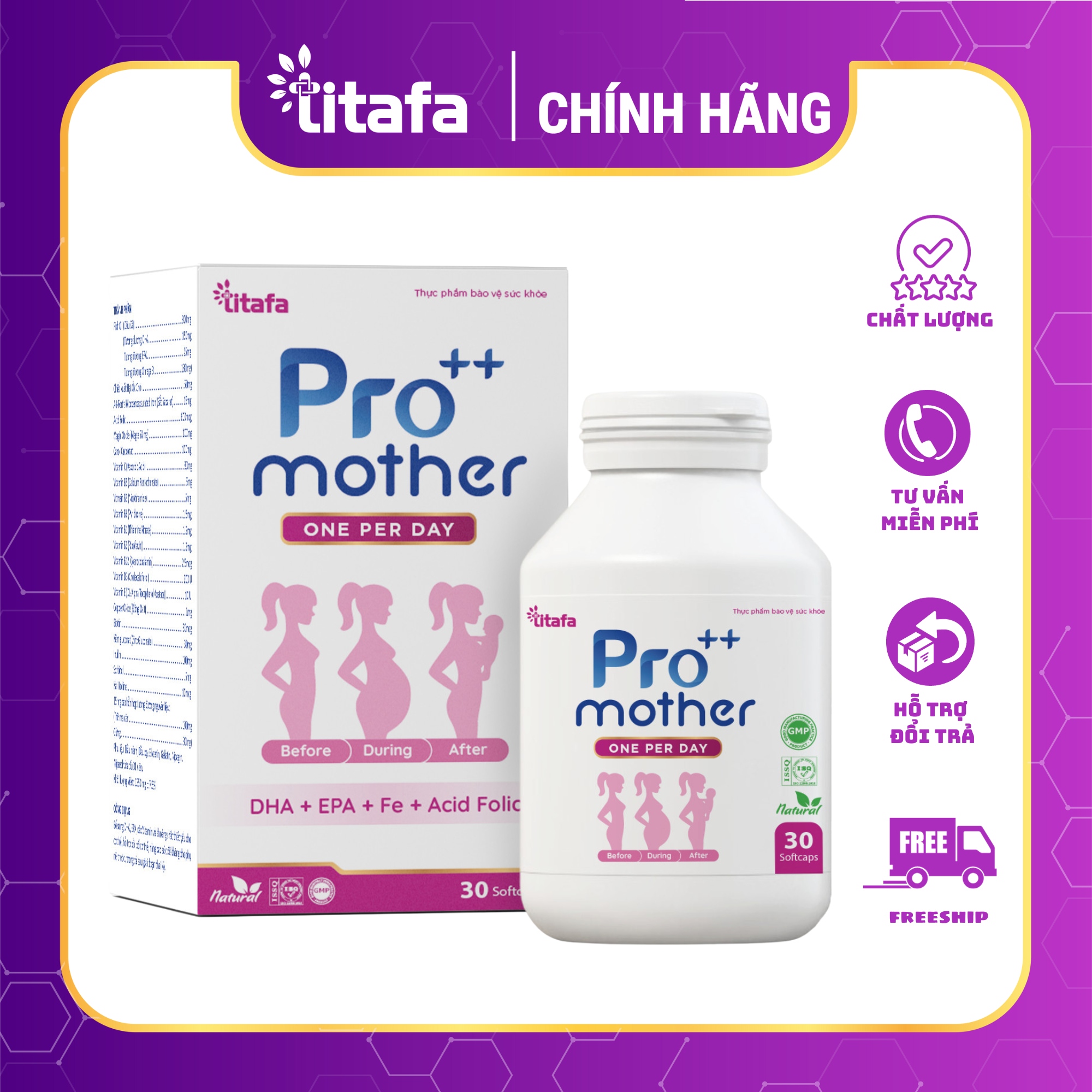 Viên uống bổ bầu PRO++MOTHER  - Bổ sung vitamin và khoáng chất cho phụ nữ trước, trong và sau mang thai [Chính hãng TITAFA] 