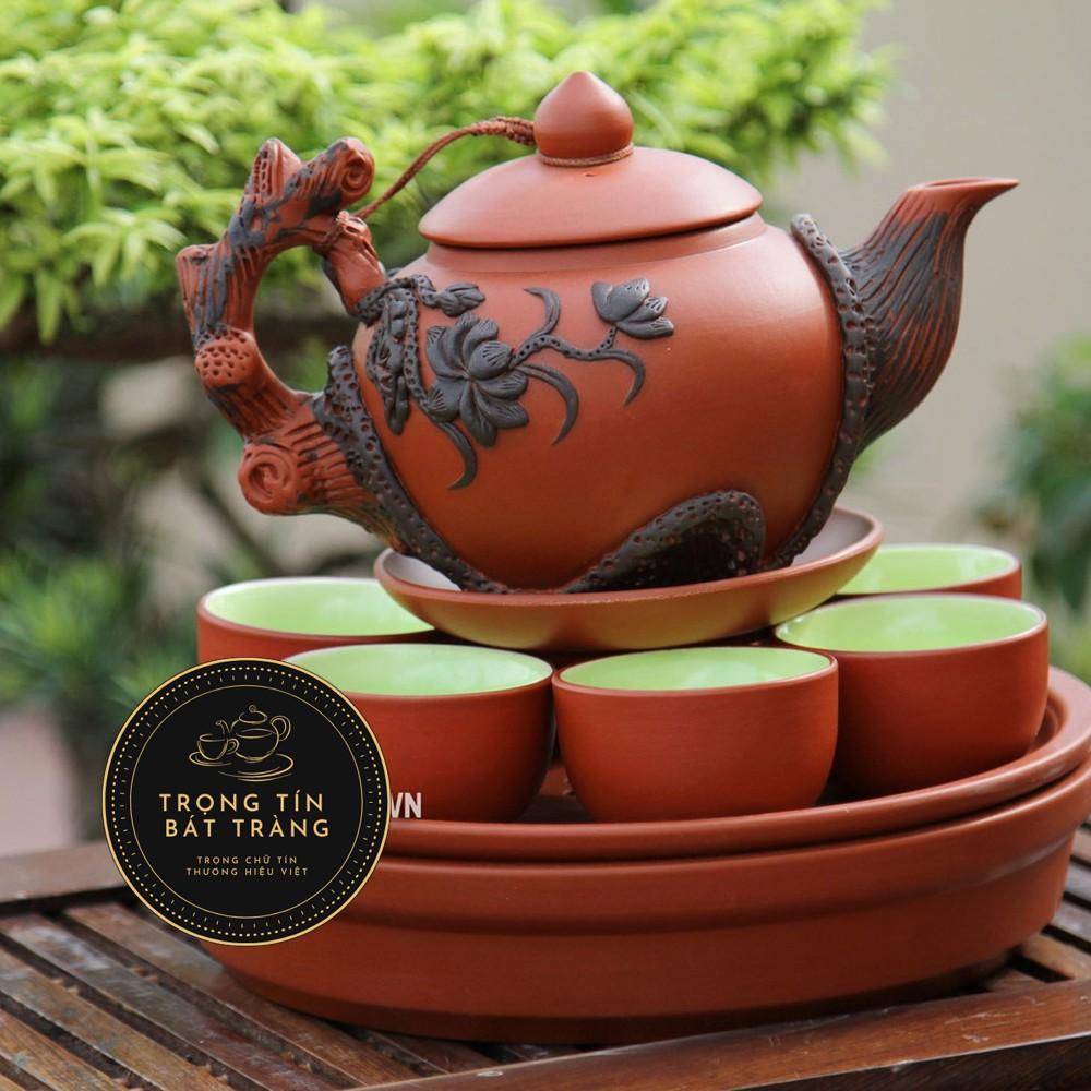 Bộ Ấm Chén Trà Đạo Gốm Tử Sa Bát Tràng Đắp Nổi Hoa Sen Dáng Thủy Bình Dung Tích 400ml ATSML 01.3