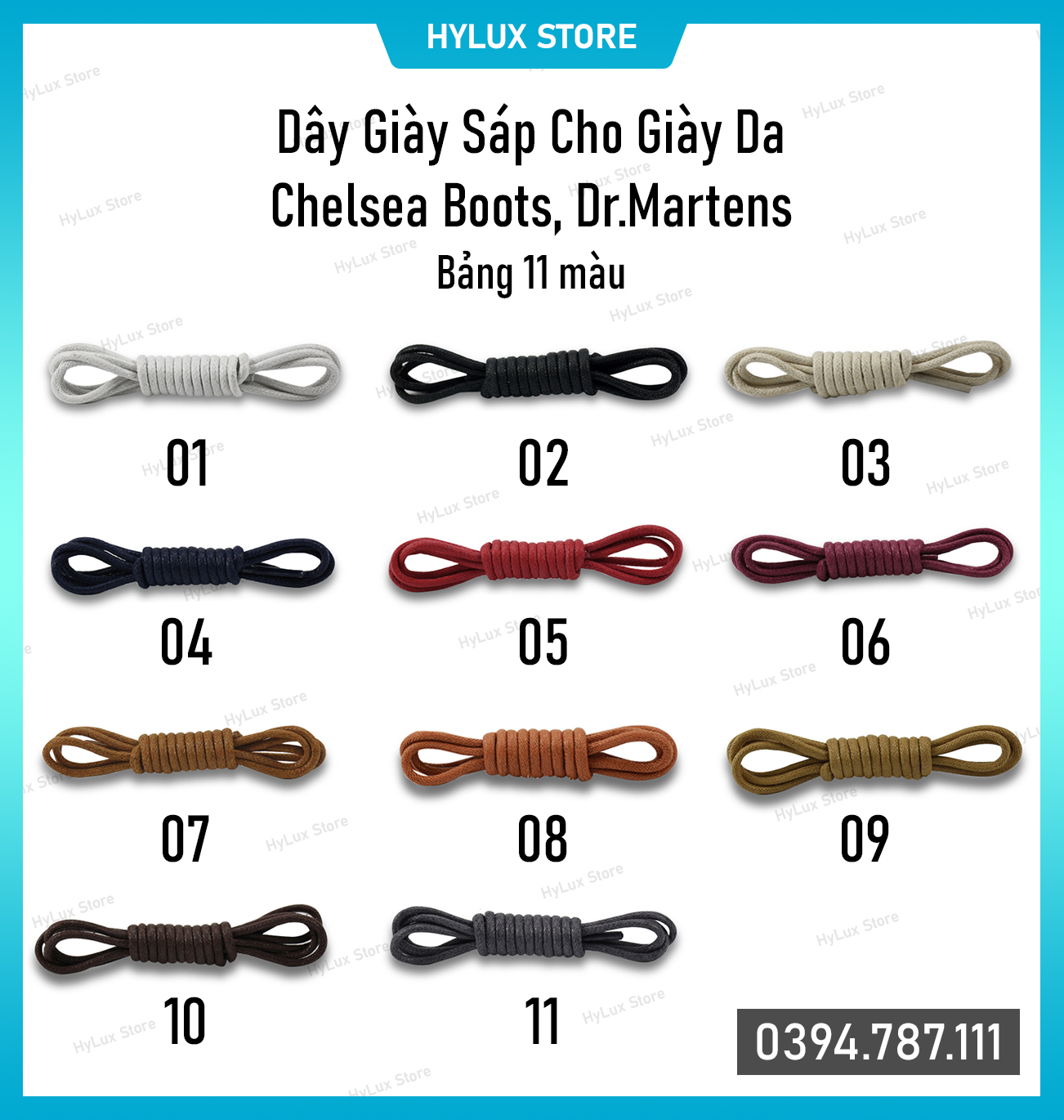 Dây giày sáp cho giày da, giày tây, bốt cao cấp bảng 11 màu