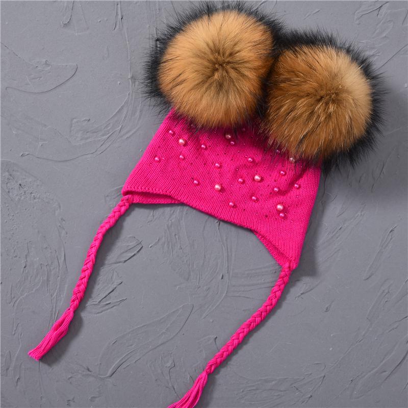 Trẻ Em Mùa Đông Ấm Áp Mũ Đôi Lông Pom Pom Beanie Len Dệt Kim Mũ Cho Bé Bé Trai Bé Gái Thật Gấu Trúc Lông Bóng bò Mũ Bonnet