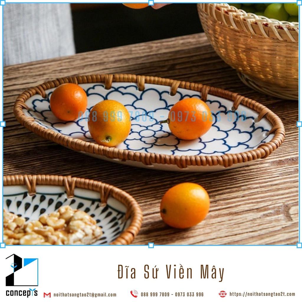 Đĩa Sứ Viền Mây Tre Đan Trang Trí Decor Bàn Ăn Hàng Xuất Khẩu