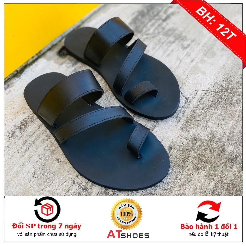 Dép Sandal Dép Xỏ Ngón Da Bò Thật Sandal Xỏ Ngón Nam Nữ Trẻ Trung Đế Caosu Chống Nước XNSG22 (Đen - Đen đế vàng