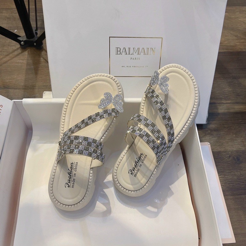 Dép sandal nữ đế cao 5cm xỏ ngón quai đính đá đế êm đi biển đi chơi cực xinh N230