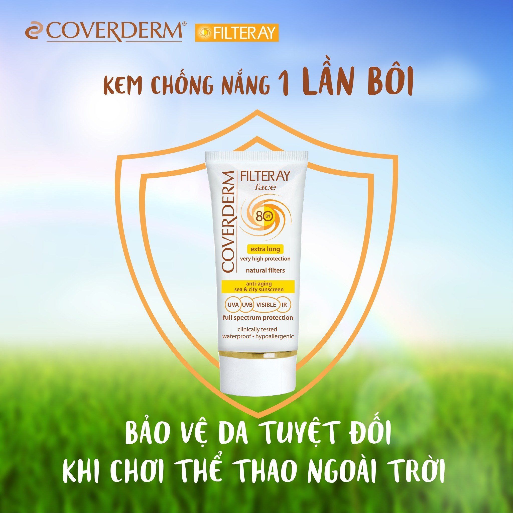 Kem Chống Nắng Vật Lý 1 Lần Bôi COVERDERM FILTERAY Chống Nước, Chống 4 Loại Tia UVA/UVB/HEV/IR Dung Tích 50ml (Có Màu và Không Màu) SPF 40,60,80