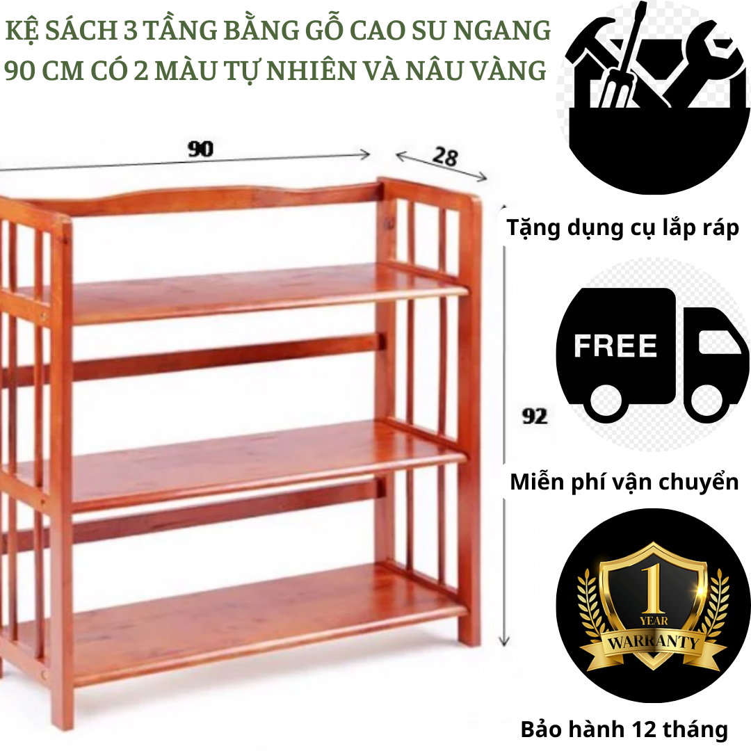 Kệ sách gỗ 3 tầng ngang 90 cm - gỗ cao su - kệ sách đa năng - có 2 màu cho bạn lựa chọn - cao 90 cm