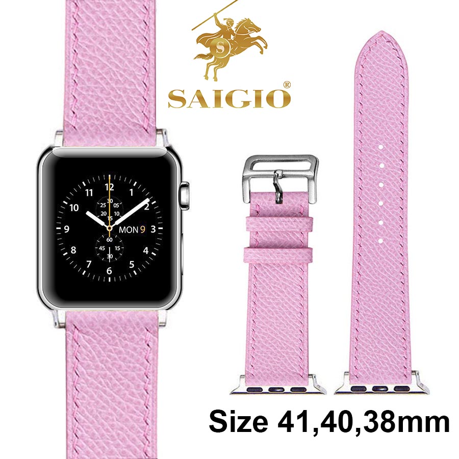 Dây Đồng Hồ Apple Watch 41mm 40mm 38mm, Chất Liệu Da Bê EPSOM Thảo Mộc Cao Cấp, Nhập Khẩu Từ Châu Âu, Dây Đeo Phong Cách Hiện Đại và Sang Trọng, Tương Thích Các Phiên Bản Series 8/7/6/5/4/3/2/1/SE/SE2 - Hồng - ADAPTER BẠC