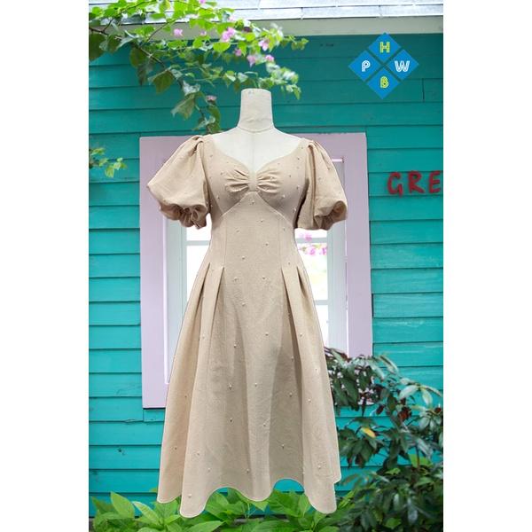 Đầm xếp ly ngực tay phồng lồng đèn