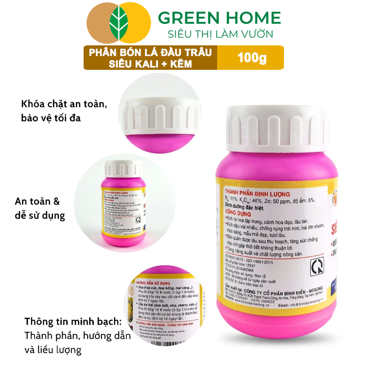 Phân Bón Lá Đầu Trâu Siêu Kali + Kẽm GreenHome, Hũ 100gr, Siêu Ra Hoa, Đậu Trái, Trái To, Đẹp Mã
