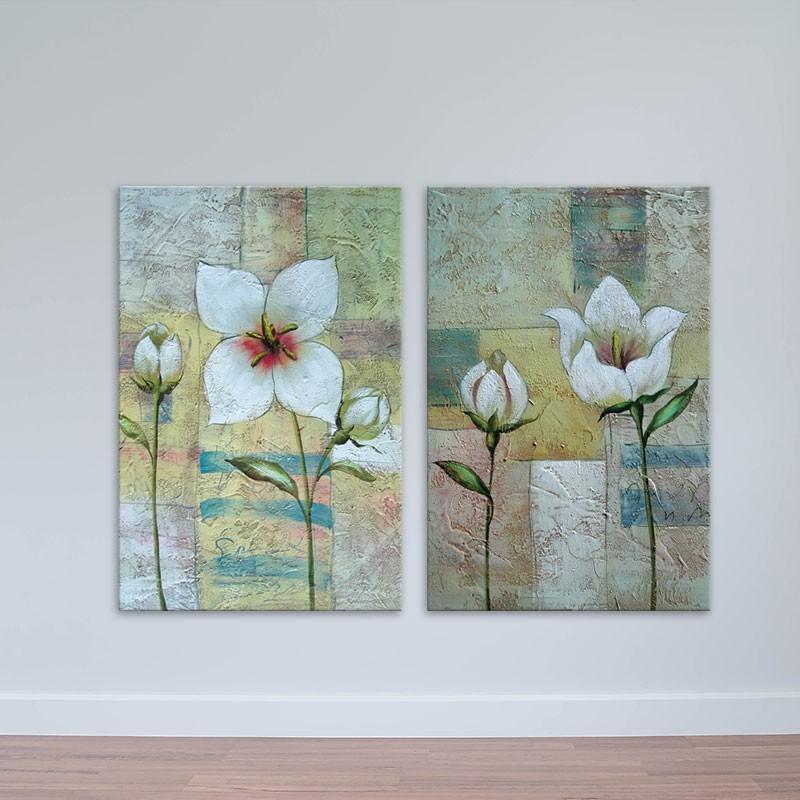 Bộ 2 tranh hoa lá màu trắng phong cách bột màu, canvas/ ép gỗ, tranh in cao cấp – W1627