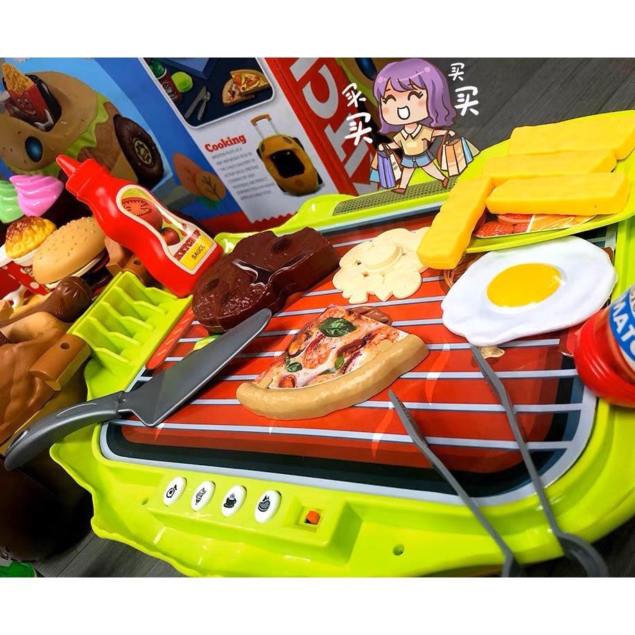 Đồ chơi Xe đẩy hộp bánh hamburger đa chức năng mô phỏng nhà bếp, có nhạc và đèn kèm nhiều đồ dùng
